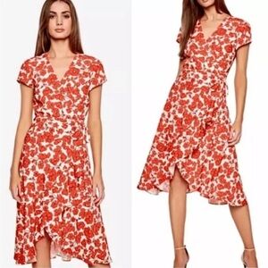 BARDOT Fiesta Floral Faux Wrap Ruffle Midi Red White Dress Size 8